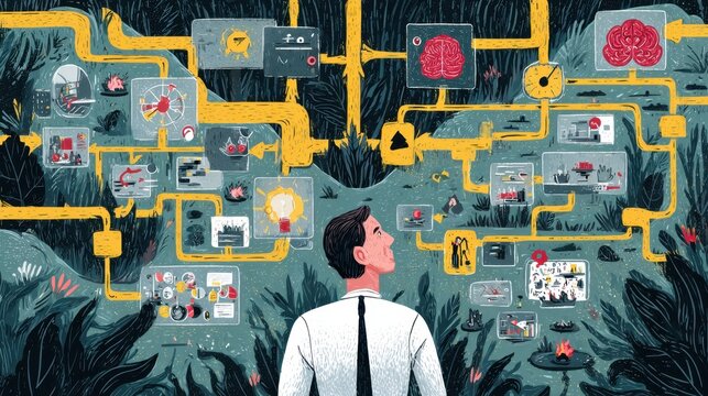 Mind mapping connects ideas and thoughts in a creative workspace with vibrant colors and illustrations, emphasizing exploration and insight