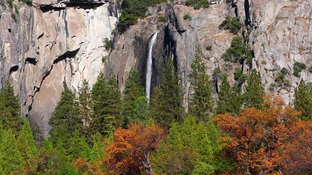 Yosemite Valley and Yosemite falls waterfall in the Sierra Nevada mountains.