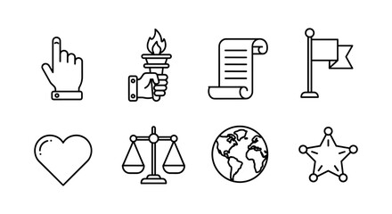 Fototapeta premium Minimalist line icons: justice, exploration, communication, and symbols of freedom