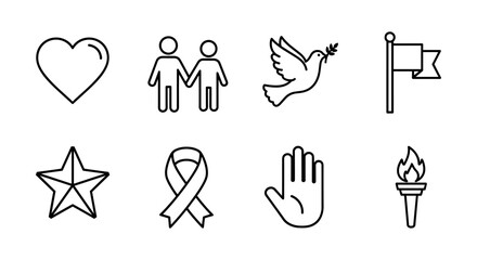 Minimal line symbols for peace and unity: heart, dove, ribbon, torch, and more