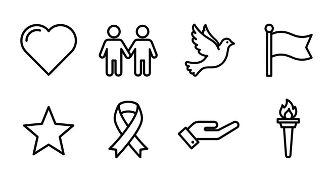 Minimalist line icons: heart, people, dove, flag, star, ribbon, hand, torch