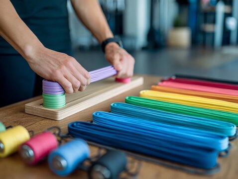 Faceless physiotherapist preparing resistance bands rehab session colorful tools arranged neatly modern clinical setup