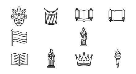 Cultural symbols outline: masks, instruments, scrolls, and statues in minimalist design