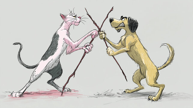 Ai cat and dog battle with sticks in a comical showdown in a playful scene