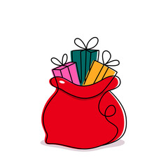 Santa Claus's bag full of gifts. Flat vector in linear style. Template for a greeting card for New Year and Christmas. Vector illustration isolated on white background.