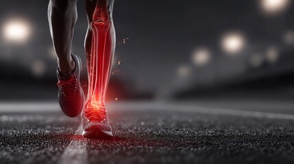 Faceless runner clutching calf pain on track sports injury concept physiotherapy recovery background detailed anatomy highlight realistic lighting