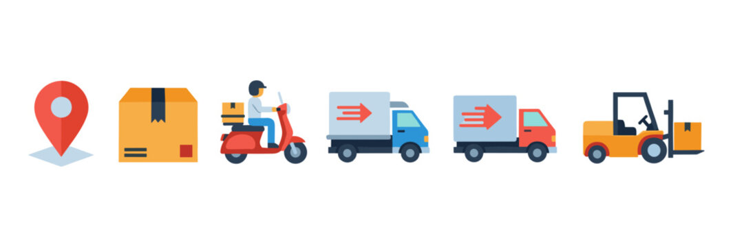 Delivery process icons featuring scooters, trucks, and forklifts in flat design