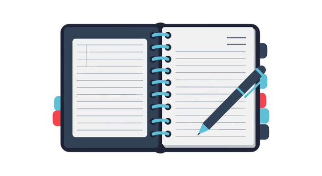 Open notebook with pen icon in flat style for note taking and organization