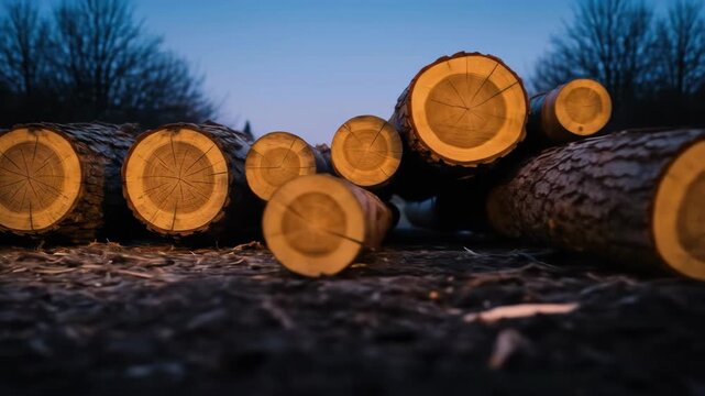 Stack of tree logs with exposed, circular ends, and a blurry background of forest