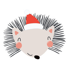 Hedgehog in a Santa Claus hat isolated on transparent. Hand drawn flat vector illustration. Cute cartoon character. Traditional Christmas, New Year, seasonal design element, holiday clip art