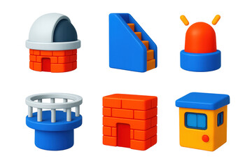 Observatory Icon Set. 3D icon set of observatory building features: rotating dome, exterior stairs, red warning light, observation