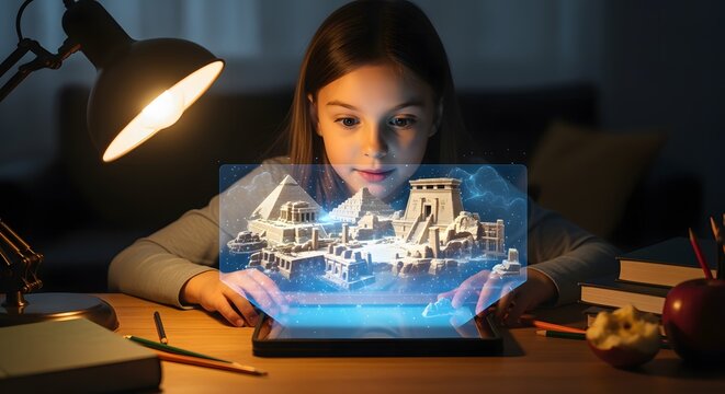 AI-Powered Educational Technology Girl Exploring an Ancient Civilization Hologram on Tablet for Learning and Discovery