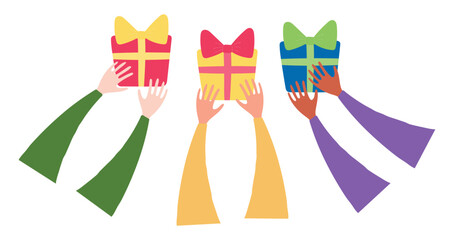 Three kings hands with gifts isolated on transparent background. Hand drawn flat vector illustration. Epiphany, Three Kings Day, Christmas design element, holiday clip art