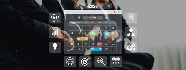 2026 calendar interface surrounded by AI, data, and business icons representing scheduling, planning, and productivity management Parse