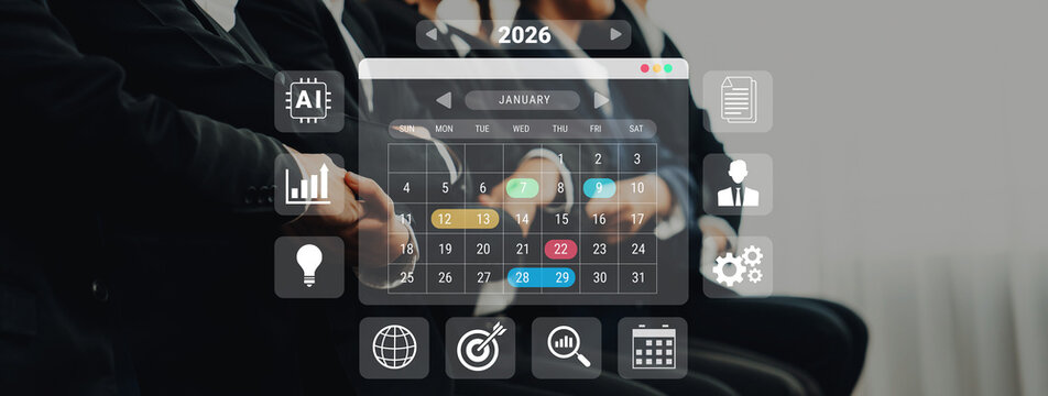 2026 calendar interface surrounded by AI, data, and business icons representing scheduling, planning, and productivity management Parse - Powered by Adobe