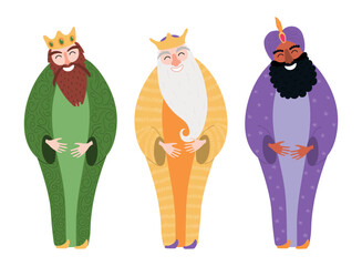Three kings, wise men, magi with gifts, presents isolated on transparent background. Hand drawn flat vector illustration. Cartoon character. Epiphany Day, Christmas design element, clip art set