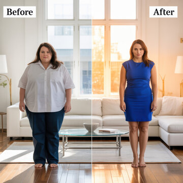 A split screen fitness transformation scene shows a woman before and after weight loss in a bright living room with health motivation lifestyle change and wellness progress from home