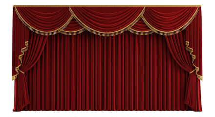 Opulent red velvet stage curtain with intricate gold trim, evoking a sense of grandeur and theatrical elegance isolated on transparent background