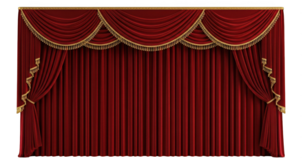 Opulent red velvet stage curtain with intricate gold trim, evoking a sense of grandeur and theatrical elegance isolated on transparent background