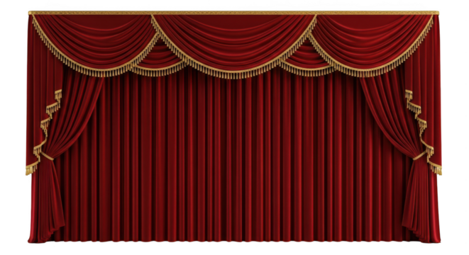 Opulent red velvet stage curtain with intricate gold trim, evoking a sense of grandeur and theatrical elegance isolated on transparent background - Powered by Adobe