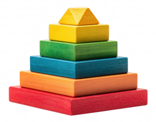 Toy blocks pyramid, isolated on transparent background, educational wooden shapes, preschool concept, high detail