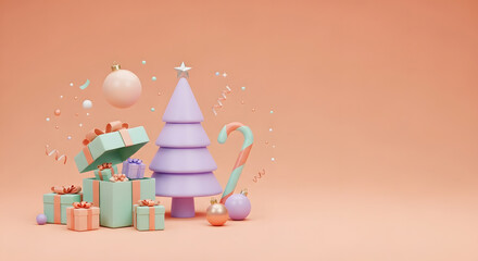 Merry Christmas and Happy New Year holiday festive display 3D render cute cartoon pastel aesthetic background purple tree mint gift boxes candy cane ornaments