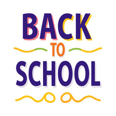 Illustration of colorful text reads back to school with playful wavy lines and dashes isolated on transparent background
