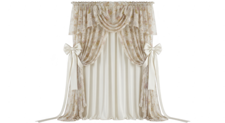 Elegant beige curtain with intricate floral patterns, delicate lace trim, and charming bow accents, isolated on transparent background, adding a touch of sophistication