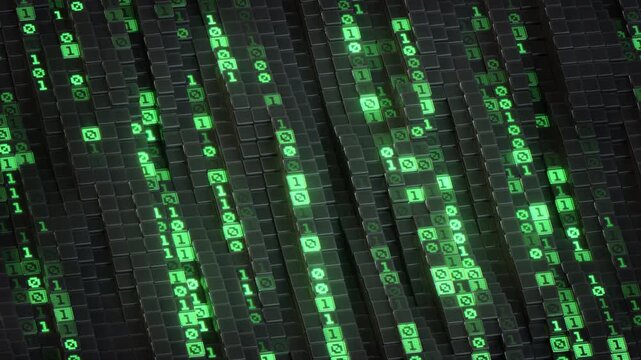 Running binary code. Storage and transfer of information concept. 3D render seamless loop animation