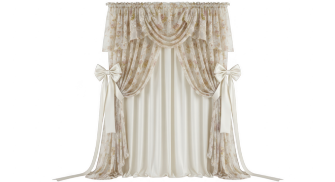 Elegant beige curtain with intricate floral patterns, delicate lace trim, and charming bow accents, isolated on transparent background, adding a touch of sophistication