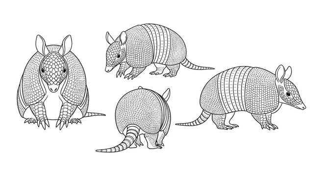 Detailed armadillo designs in black and white for coloring books and art projects