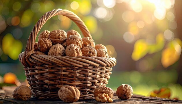 A rustic wicker basket is filled with whole walnuts, with a few scattered on the wooden surface in front, set against a soft, sunlit, natural backdrop.