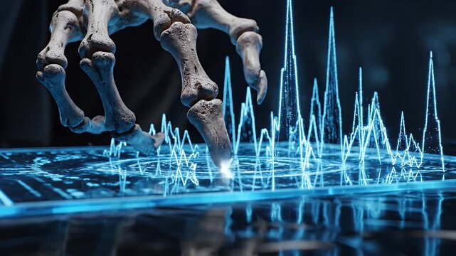 Skeleton Hand Interacting with Blue Digital Interface on Dark Surface under Dramatic Lighting, Close Up View with Abstract Data Presentation, Concept of Future