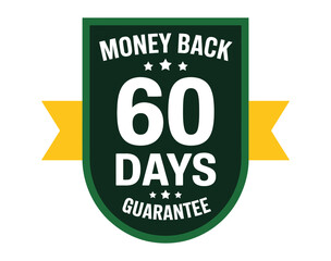 A green shield emblem with white text that reads "MONEY BACK 60 DAYS GUARANTEE" and a yellow ribbon attached.