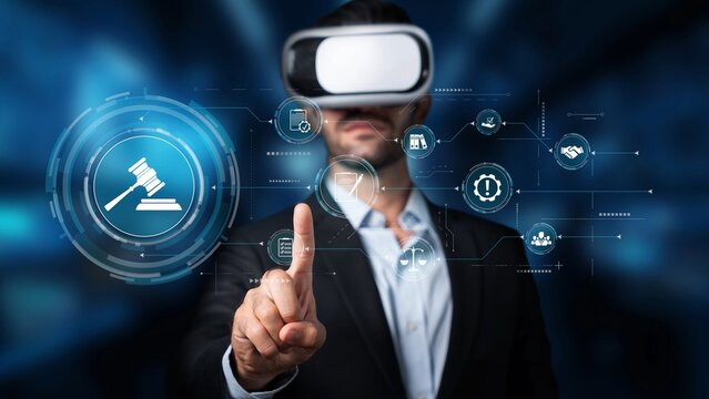 A businessman, equipped with a virtual reality headset, interacts with digital law icons and futuristic graphics, representing innovation in the legal profession. Raster - Powered by Adobe