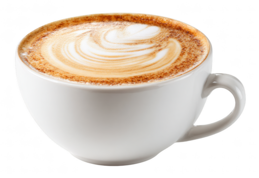 Cup of latte with smooth milk foam, isolated on transparent background, coffee photography, natural lighting, sharp detail