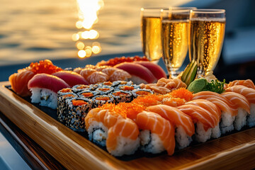 Sushi platter and three sparkling champagne glasses on yacht in sunlight, beautiful view of sea food at sunset, concept of romantic trip, travel, vacation.