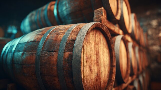 Warm Vintage Barrels Stacked in a Winery Cellar, Showcasing Rustic Charm and Rich Winemaking Tradition