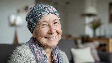 An elderly woman in a headscarf in the living room,cancer, diseases	