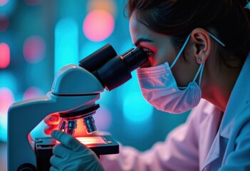 Vibrant Laboratory Technician Analyzing Colorful Blood Samples Under Microscope
