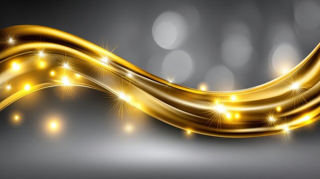 A glossy golden ribbon curves across a gray background, with many little starbursts - Powered by Adobe