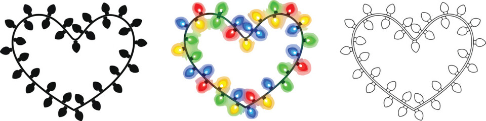 Christmas lights heart shape holiday garland in color, black and outline festive decoration with bulbs and wire
