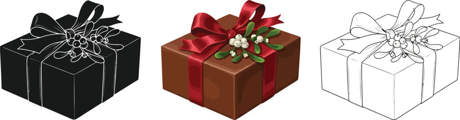 Three variations of a christmas gift box, including a color version, a black silhouette, and a line drawing