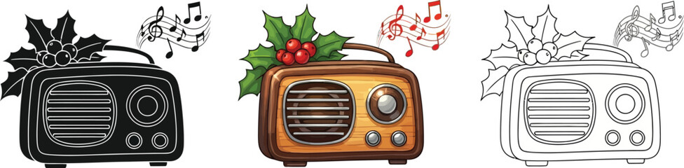 Vintage radio with christmas decoration, available in color, silhouette, and outline versions