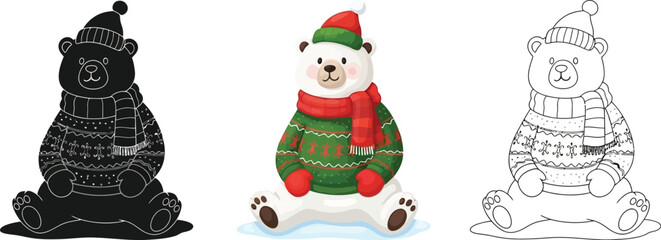 Cute polar bear wearing a hat and scarf christmas bear in a sweater black silhouette, color and outline drawing vector illustration