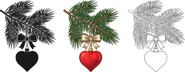 Christmas tree branch with heart ornament, available in color, silhouette, and outline versions