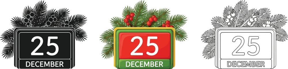 Christmas calendar with date december 25 black silhouette, color and outline drawing vector illustration