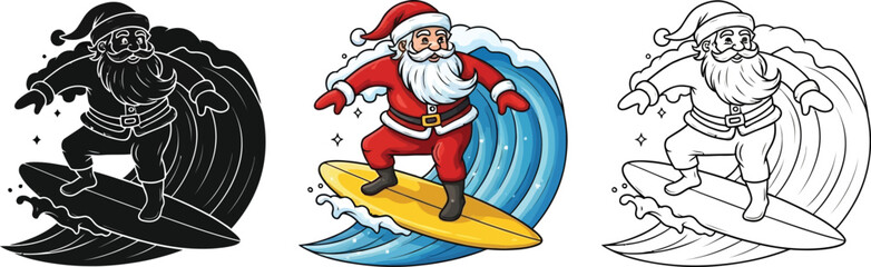 Santa claus surfing wave hand drawn illustration of christmas character for holiday season and summer vacation