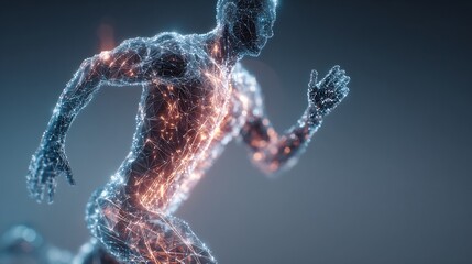 Futuristic sports injury healing visualization using AI diagnostic overlay human silhouette digital medical theme