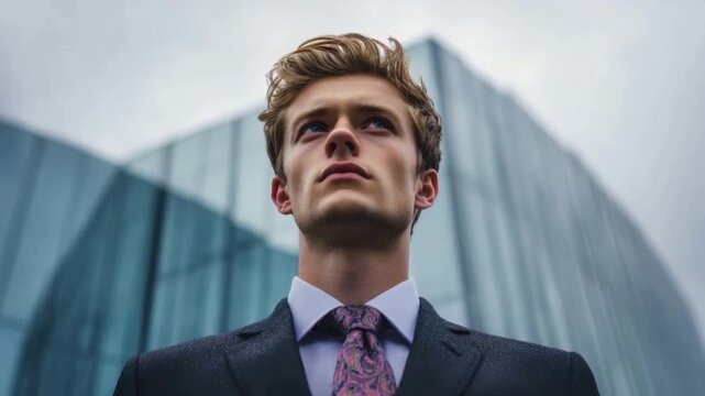 Ambition in Architecture: A determined individual, dressed in a sharp suit, gazes skyward with focused determination in front of a modern architectural structure.